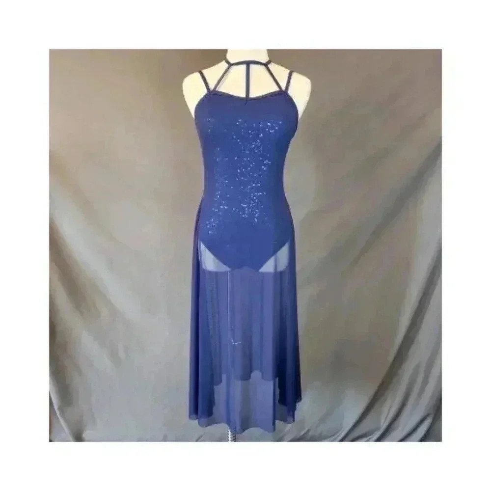 Weissman Blue Sequin & Net Dance Skating Bodysuit Costume 8-10 M